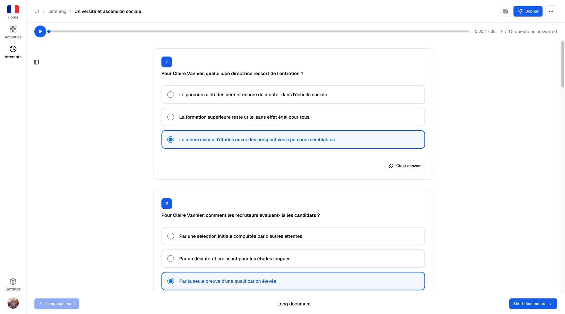 DALF C1 listening comprehension results — long document and short documents