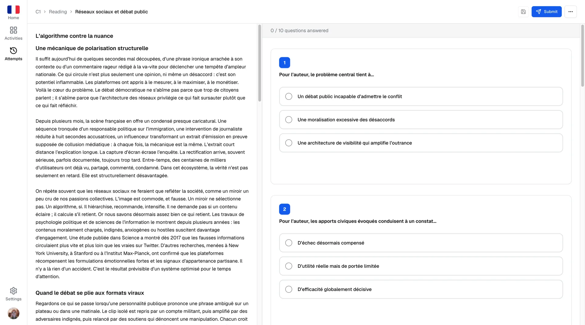 DALF C1 reading comprehension interface — long text and questions
