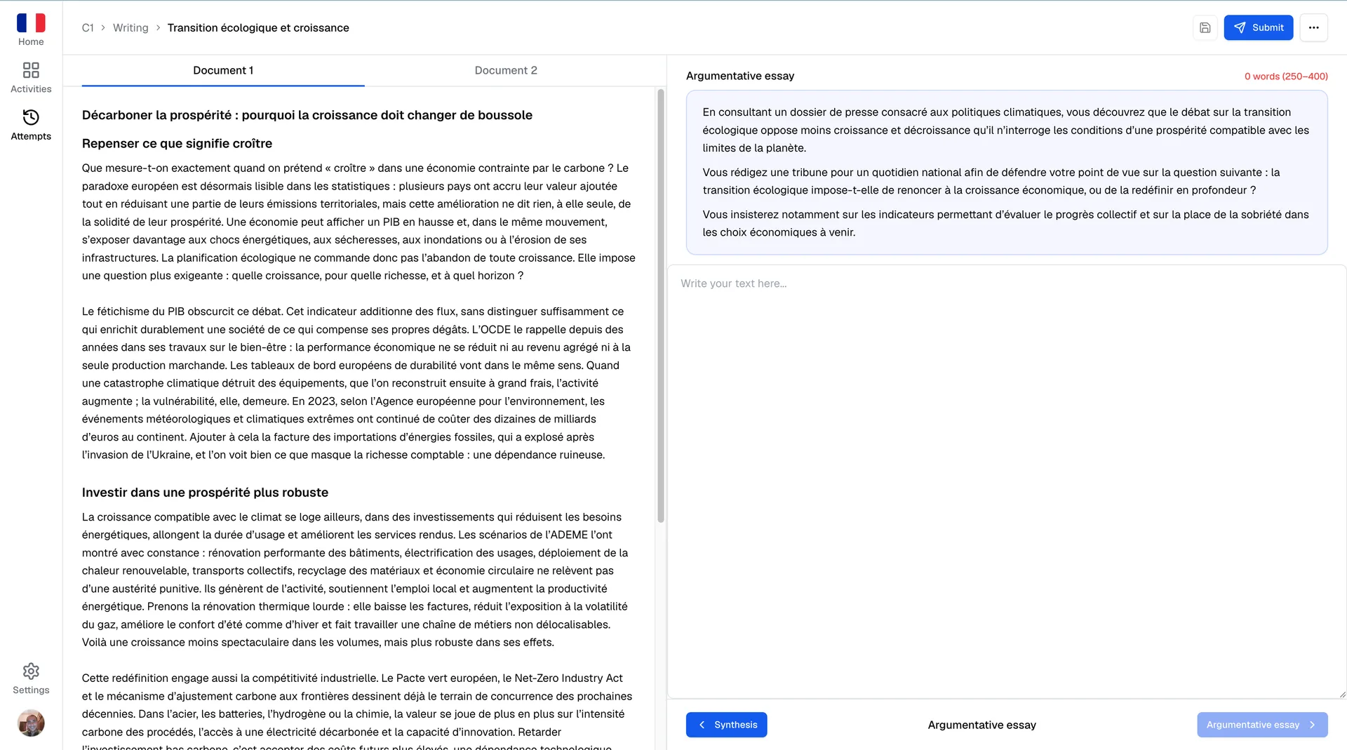 DALF C1 written production interface — synthesis and argumentative essay